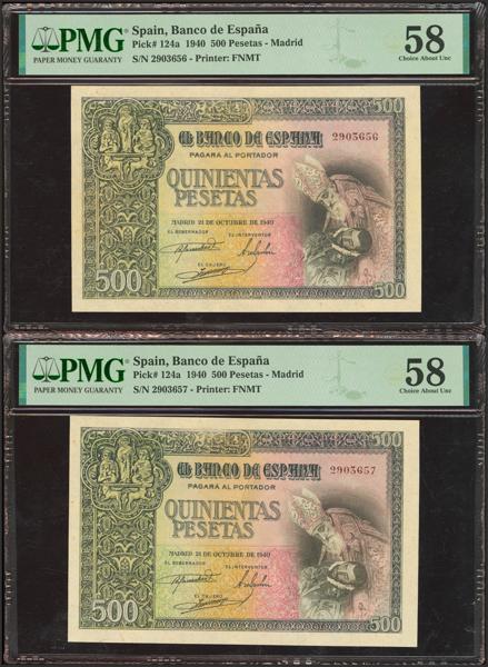 374 - 500 Pesetas. 21 de Octubre de 1940. Pareja correlativa. Sin serie. (Edifil 2023: 444, Pick: 124a). Inusual en esta excepcional calidad. EBC++. Encapsulados PMG58, ambos. - 1.350€
