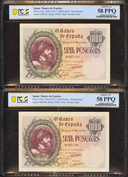 375 - 1000 Pesetas. 21 de Octubre de 1940. Pareja correlativa. Sin serie. (Edifil 2023: 445, Pick: 125a). Rarísima en esta calidad. EBC+++. Encapsulados PCGS58PPQ, ambos. - 1.500€