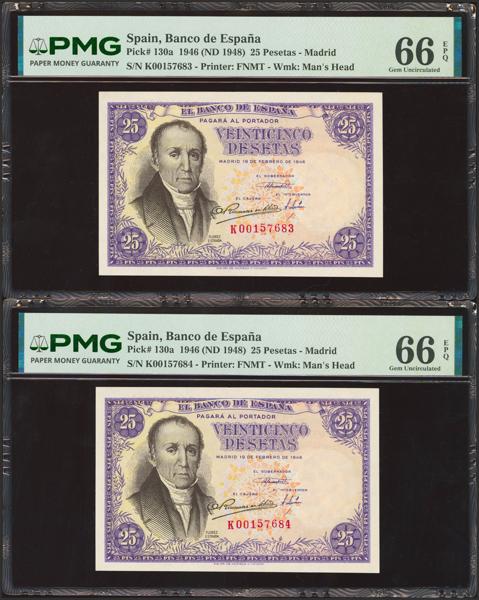 417 - 25 Pesetas. 19 de Febrero de 1946. Pareja correlativa. Serie K, última serie emitida. (Edifil 2023: 450b, Pick: 130a). Extraordinariamente rara serie en pareja, especialmente en esta excepcional calidad, apresto original. SC. Encapsulados PMG66EPQ, ambos. - 2.500€