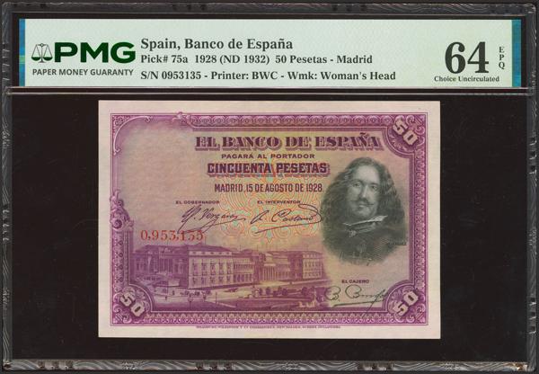 43 - 50 Pesetas. 15 de Agosto de 1928. Sin serie. (Edifil 2023: 329, Pick: 75a). Raro en esta calidad y conservando todo su apresto original. SC. Encapsulado PMG64EPQ. (para hacernos idea de la rareza, a fecha 1 de Septiembre de 2026, el billete se trata del tercer mejor calificado en PMG) - 300€