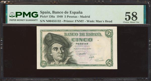 443 - 5 Pesetas. 5 de Marzo de 1948. Serie N, última serie emitida. (Edifil 2023: 455b, Pick: 136a). Muy raro. EBC++. Encapsulado PMG58. - 175€