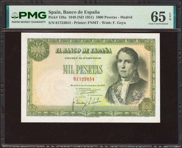 462 - 1000 Pesetas. 4 de Noviembre de 1949. Sin serie. (Edifil 2023: 458, Pick: 138a). Muy raro en esta excepcional calidad, apresto original. SC. Encapsulado PMG65EPQ. - 1.500€
