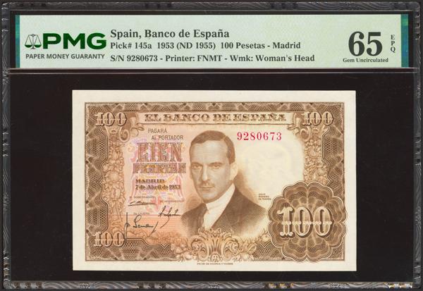 501 - 100 Pesetas. 7 de Abril de 1953. Sin serie. (Edifil 2023: 464, Pick: 145a). Inusual en esta excepcional calidad, apresto original. SC. Encapsulado PMG65EPQ. - 275€