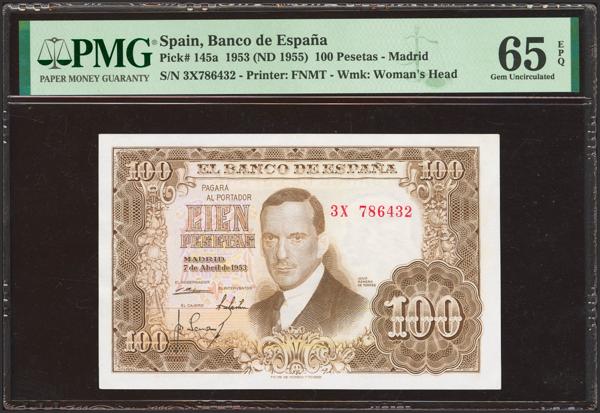 509 - 100 Pesetas. 7 de Abril de 1953. Serie 3X, última serie emitida. (Edifil 2023: 464e, Pick: 145a). Raro en esta excepcional calidad, apresto original. SC. Encapsulado PMG65EPQ. - 225€