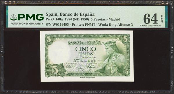 522 - 5 Pesetas. 22 de Julio de 1954. Serie W, última serie emitida. (Edifil 2023: 466b, Pick: 146a). Rarísima serie, especialmente en esta calidad, apresto original. SC. Encapsulado PMG64EPQ. - 1.500€