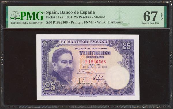 531 - 25 Pesetas. 22 de Julio de 1954. Serie P, última serie emitida. (Edifil 2023: 467b, Pick: 147a). Muy rara serie, especialmente en esta excepcional calidad, apresto original. SC. Encapsulado PMG67EPQ. - 325€