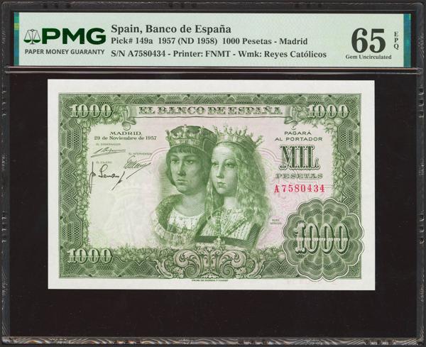 536 - 1000 Pesetas. 29 de Noviembre de 1957. Serie A. (Edifil 2023: 469a, Pick: 149a). Rarísimo en esta excepcional calidad, apresto original. SC. Encapsulado PMG65EPQ. - 300€