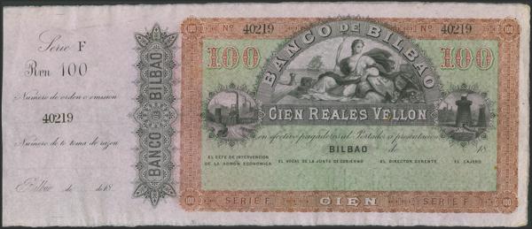 7 - 100 Reales. 21 de Agosto de 1857. Banco de Bilbao. Serie F, sin firmas, con numeración y con la matriz a la izquierda. (Edifil 2023: 143, Pick: S251Ar). Rarísimo en esta excepcional calidad y especialmente conservando la matriz que presenta un doblez vertical en el espacio intermedio entre el billete y la propia matriz (no catalogado sin matrices), apresto original. SC-. - 300€