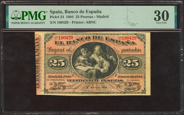9 - 25 Pesetas. 1 de Enero de 1884. Sin serie. (Edifil 2023: 282, Pick: 24). Inusual, reparado. MBC+. Encapsulado PMG30. - 650€