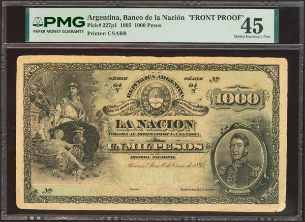 5014 - ARGENTINA. 1000 Pesos. 1 January 1895. Republica Argentina. Caja de Conversion. Proof on cardboard. (Pick: 227p1). PMG45 (tears). - 550€