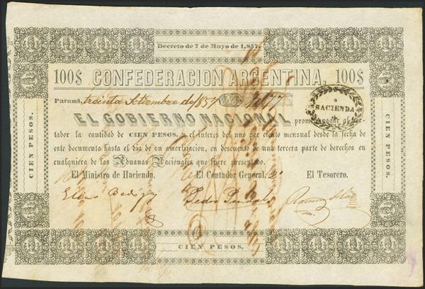 5063 - ARGENTINA. 100 Pesos. 7 May 1857. Confederacion Argentina. Ministro de Hacienda. (Pick: S184). Almost Uncirculated. - 200€