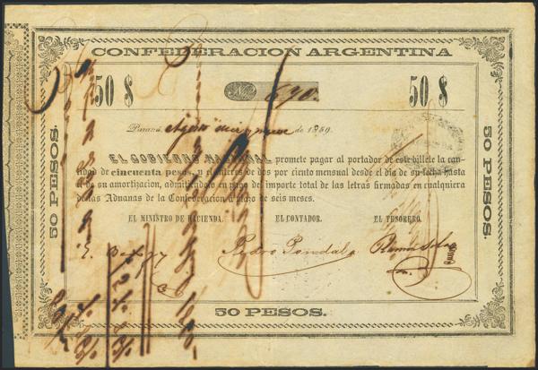 5064 - ARGENTINA. 50 Pesos. 1859. Confederacion Argentina. Ministro de Hacienda. (Pick: S202). Paper tears along the handwritten annotations. More than Very Fine. - 100€