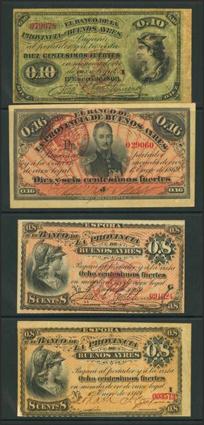 5084 - ARGENTINA. Lot of 4 notes of 8, 10 and 16 Centesimos Fuertes. 1 January 1869. Banco de la Provincia de Buenos Aires. (Pick: S500a, S512, S513, S514). Very Fine (2) and More than Extremely Fine (2). - 1.000€