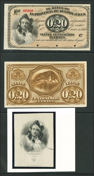 5085 - ARGENTINA. Lot of 3 notes consisting of 2 uniface proofs and one vignette of 20 Centesimos Fuertes. 1 January 1869. Banco de la Provincia de Buenos Aires. (Pick: S503p). Uncirculated. - 190€