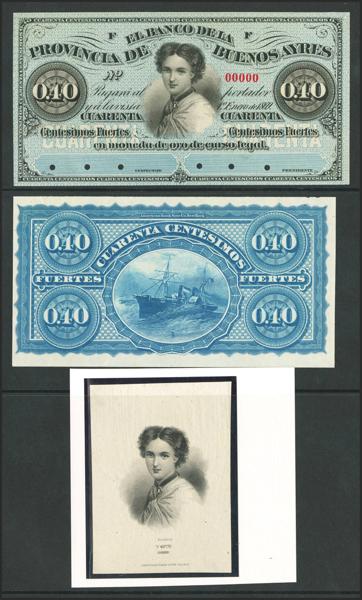 5086 - ARGENTINA. Lot of 3 notes consisting of 2 uniface proofs and one vignette of 10 Centesimos Fuertes. 1 January 1869. Banco de la Provincia de Buenos Aires. (Pick: S504p). One of the proofs has a repaired cut and a tear. Uncirculated and Less than Uncirculated. - 190€
