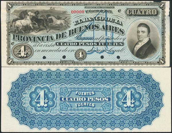 5087 - ARGENTINA. Lot of 2 notes of 4 Pesos Fuertes. 1 January 1871. Banco de la Provincia de Buenos Aires. Front and back specimens. (Pick: S526). Front specimen has been restored and has a significant tear on the left margin. Almost Uncirculated and Uncirculated. - 250€