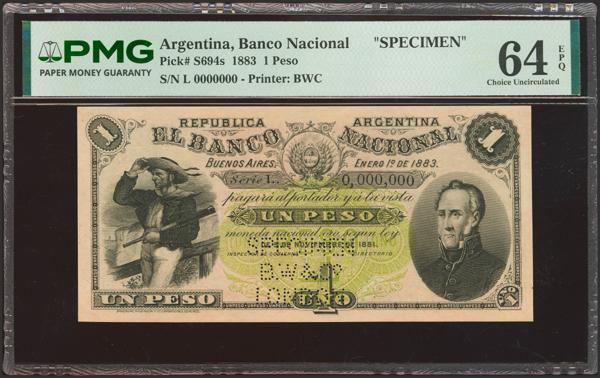 5106 - ARGENTINA. 1 Peso. 5 November 1881. Banco Nacional. Specimen. (Pick: S694s). PMG64EPQ. - 700€