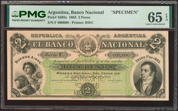 5107 - ARGENTINA. 2 Pesos. 5 November 1881. Banco Nacional. Specimen. (Pick: S695s). PMG65EPQ. - 700€