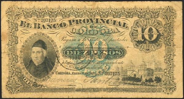 5112 - ARGENTINA. 10 Pesos. 1 January 1881. Banco Provincial de Cordoba. Overprinted with Law of October 14, 1885. (Pick: S738b). Fine. - 200€