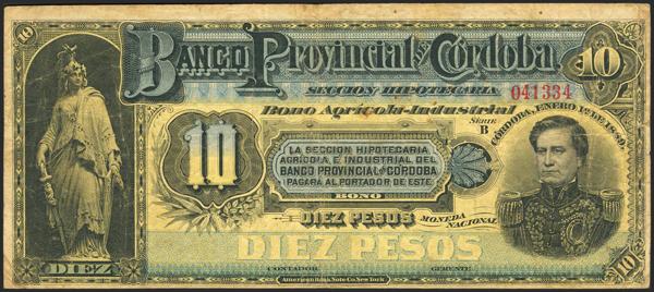 5116 - ARGENTINA. 10 Pesos. 1 January 1889. Banco Provincial de Cordoba. Remainder. (Pick: S743r). Very Fine. - 250€