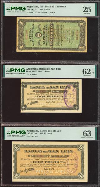 5174 - ARGENTINA. Lot of 3 notes of 1 Peso, 2 Pesos and 10 Pesos. 1894 and 1920. Banco de San Luis and Provincia de Tucuman. (Pick: S1902, S1904, S2247). PMG25 62EPQ, 63. - 350€