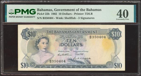 5204 - BAHAMAS. 10 Dollars. 1965. Government. (Pick: 22b). PMG40 (stain). - 200€