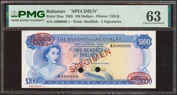 5205 - BAHAMAS. 100 Dollars. 1965. Government. Specimen. (Pick: 25s). PMG63 (previously mounted). - 400€