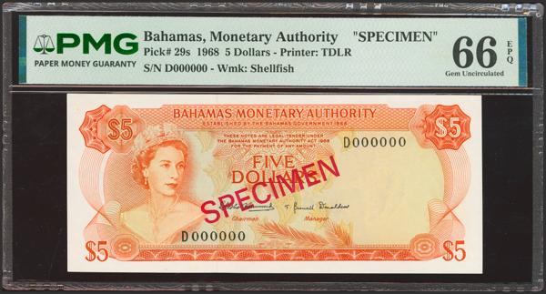 5209 - BAHAMAS. 5 Dollars. 1968. Government. Specimen. (Pick: 29s). PMG66EPQ. - 90€