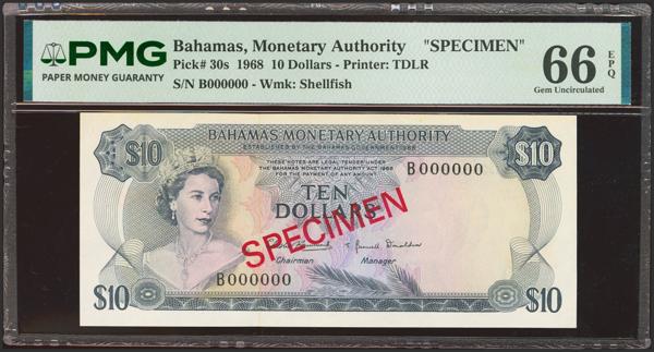 5211 - BAHAMAS. 10 Dollars. 1968. Government. Specimen. (Pick: 30s). PMG66EPQ. - 200€
