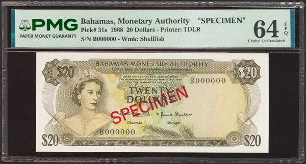 5212 - BAHAMAS. 20 Dollars. 1968. Government. Specimen. (Pick: 31s). PMG64EPQ. - 300€