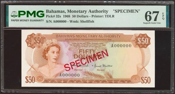 5213 - BAHAMAS. 50 Dollars. 1968. Government. Specimen. (Pick: 32s). PMG67EPQ. - 400€