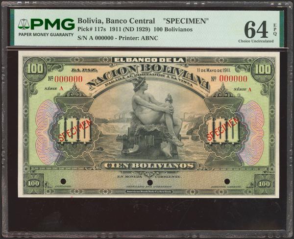 5256 - BOLIVIA. 100 Bolivianos. 11 May 1911. Banco de la Nacion Boliviana. Specimen. (Pick: 117s). PMG64EPQ. - 200€