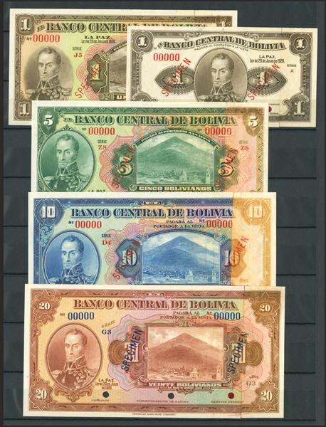 5263 - BOLIVIA. Lot of 9 specimen notes from 1 to 1000 Bolivianos. 20 July 1928. Banco Central. SPECIMENS. This is a vividly colored group of specimen notes from the 1928 series, each displaying a portrait of Simon Bolivar. All of the notes, graded about uncirculated, show cancellation through punched holes. In addition, every piece has had a section of its right margin removed and later reattached using a strip of red tape on the reverse. The detached fragment was intentionally subjected to wear and chemical analysis to evaluate the durability and composition of the ink used in circulation. These pieces were printed by the American Bank Note Company. (Pick: 118s, 119s, 120s, 121s, 122s, 124s, 125s, 126s, 127s). Almost Uncirculated. - 400€