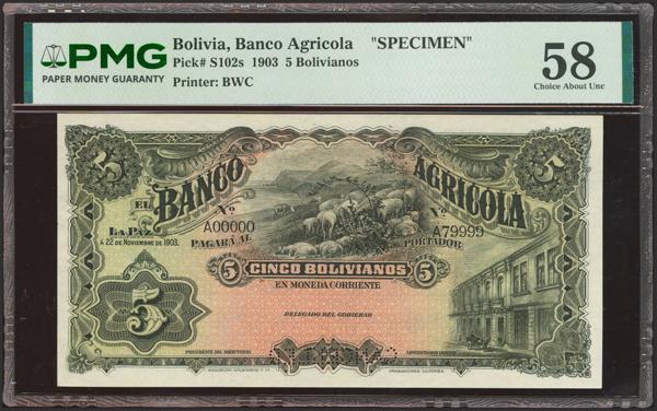 5322 - BOLIVIA. 5 Bolivianos. 22 November 1903. Banco Agricola. Specimen. Perforated Cancelled. (Pick: S102s). PMG58. - 500€