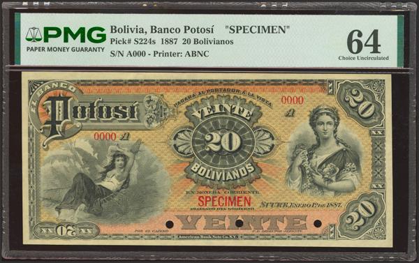5351 - BOLIVIA. 20 Bolivianos. 1 January 1887. Banco Potosi. Specimen. (Pick: S224s). PMG64 (pinholes). - 600€
