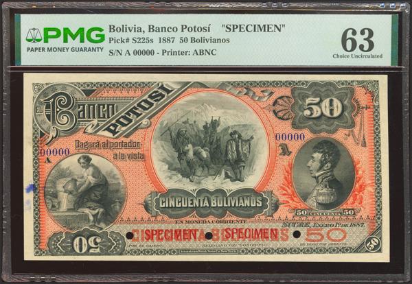 5352 - BOLIVIA. 50 Bolivianos. 1 January 1887. Banco Potosi. Specimen. (Pick: S225s). Printer’s ink and pinholes. PMG63 (ink, pinholes). - 500€