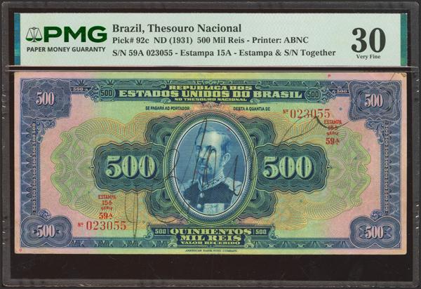 5403 - BRAZIL. 500000 Reis. (1931ca). Republica. Thesouro Nacional. (Pick: 92c). PMG30. - 500€