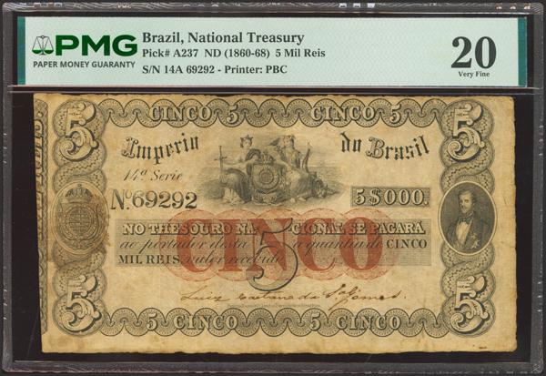 5511 - BRAZIL. 5000 Reis. (1860ca). Imperio do Brasil. Thesouro Nacional. (Pick: A237). PMG20. - 300€