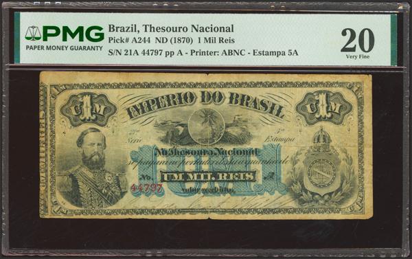 5515 - BRAZIL. 1000 Reis. (1870ca). Imperio do Brasil. Thesouro Nacional. (Pick: A244). PMG20. - 350€