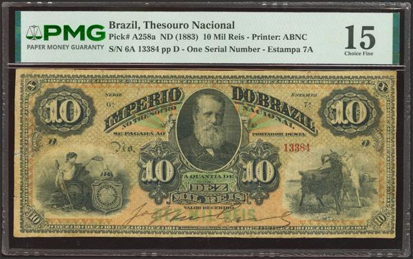 5526 - BRAZIL. 10000 Reis. (1883ca). Imperio do Brasil. Thesouro Nacional. One Serial. (Pick: A258a). PMG15 (minor repairs, pinholes). - 800€