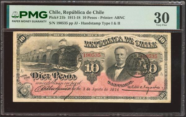 5549 - CHILE. 10 Pesos. 3 August 1914. Republica. (Pick: 21b). More than Very Fine. - 400€