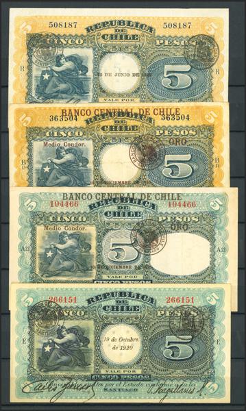 5550 - CHILE. Lot of 4 notes of 5 Pesos. 1923 and 1925. Republica and Banco Central. (Pick: 60, 61, 71, 72). More than Very Fine (2) and Extremely Fine (2). - 1.800€