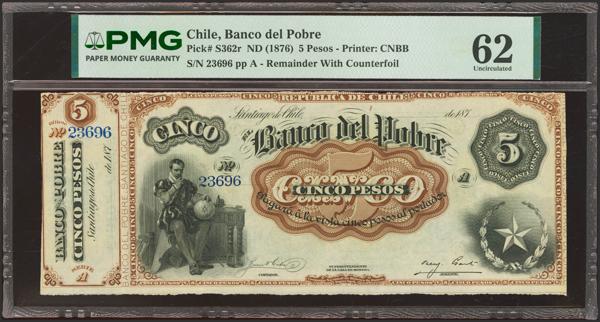 5587 - CHILE. 5 Pesos. 16 September 1876. Banco del Pobre. Remainder. (Pick: S362r). PMG62 (countefoil attached). - 300€