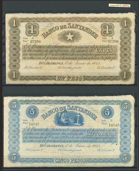 5628 - COLOMBIA. Lot of 3 notes from1 to 10 Pesos. 1873. Banco de Santander. (Pick: S831c, S832b, S833b). Uncirculated (2) and More than Extremely Fine (1). - 300€