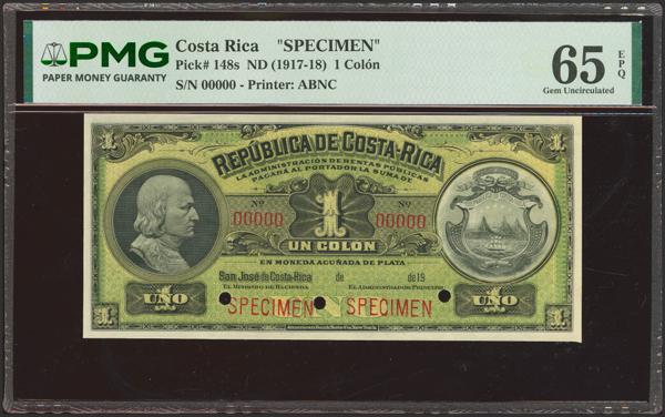 5631 - COSTA RICA. 1 Colon. (1917ca). Republica. Specimen. (Pick: 148s). PMG65EPQ. - 600€