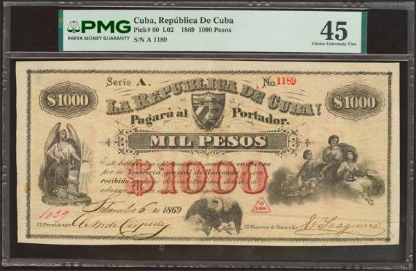 5667 - CUBA. 1000 Pesos. 6 September 1869. Republica de Cuba. (Pick: 60). Very rare. PMG45. - 2.000€