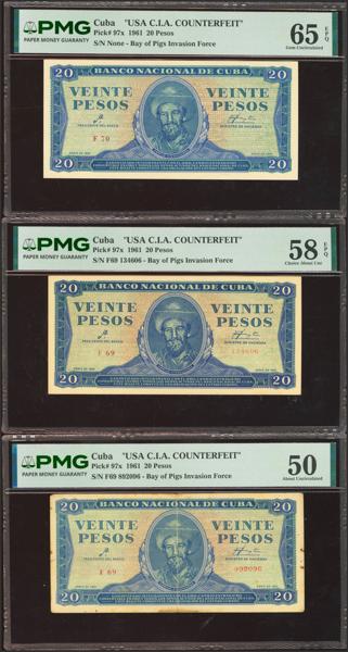 5693 - CUBA. Lot of 3 notes of 20 Pesos. 1961. Banco Nacional. Counterfeits produced by the CIA on the occasion of the invasion in the Bay of Pigs, also known as Bahia de Cochinos, which took place from 17 to 19 April 1961. (Pick: 97x). PMG65EPQ, 58EPQ, 50 (rust, ink stamps). - 1.300€