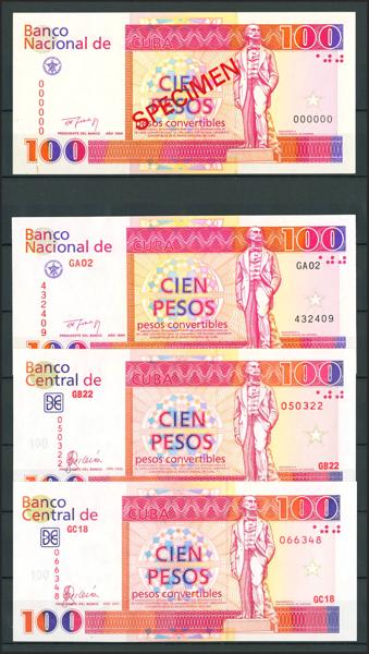 5725 - CUBA. Lot of 4 notes of 100 Pesos. 1994 to 2007. Banco Nacional and Banco Central. Issued and specimen. (Pick: FX43s, FX43, FX52). Almost Uncirculated and Uncirculated (3). - 600€