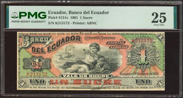 5771 - ECUADOR. 1 Sucre. 1 October 1901. Banco Central del Ecuador. (Pick: S151c). PMG25 (trimmed). - 400€