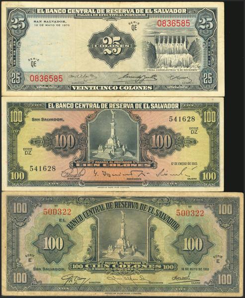 5779 - EL SALVADOR. Lot of 3 notes of 25 and 100 Colones. 1950 to 1970. Banco Central de Reserva. (Pick: 86a, 107a, 113a). More than Fine (1) and More than Very Fine (2). - 450€